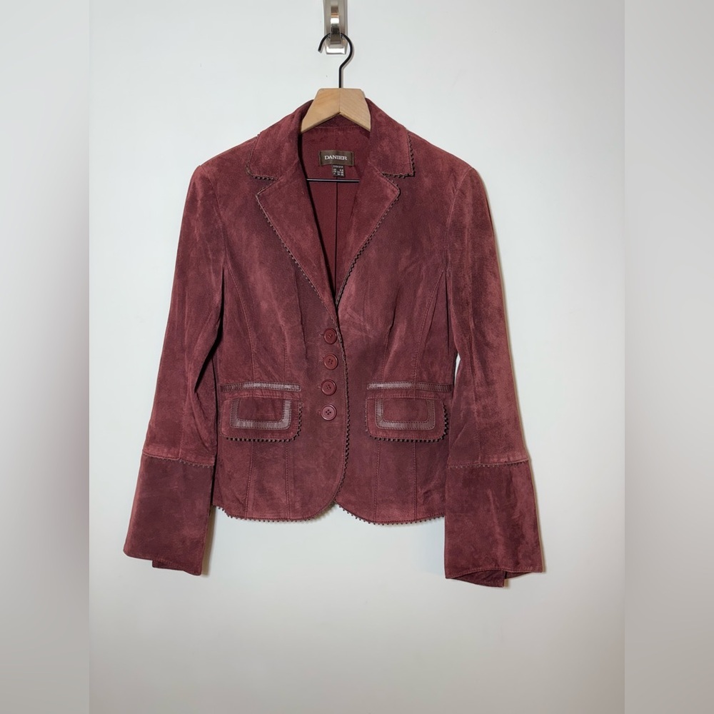 Danier Burgundy Suede Blazer Jacket Flared Sleeves Scalloped Trim Leather Sz XXS